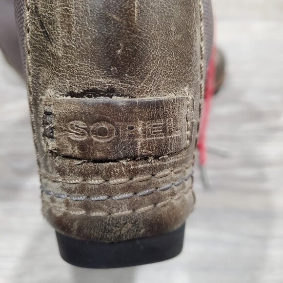 SOREL Women's PDX Boots Khaki Leather Canvas hidden Wedge Heel Lace Up Sz 9 READ - Picture 9 of 16